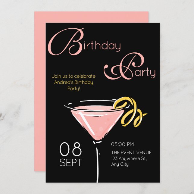 Black pink fancy cocktail birthday einladung (Vorne/Hinten)