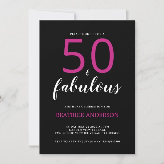  Black Pink Fifty and Fabulous Fiftieth Birthday Einladung (Vorderseite)