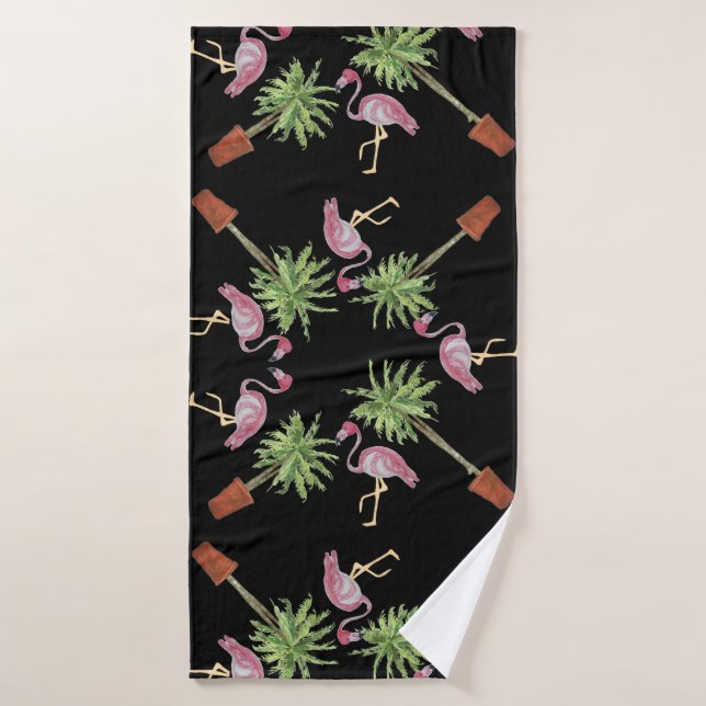Black Pink Flamingo Flamingos Palm Tree Bath Badhandtuch Set (Badehandtuch)