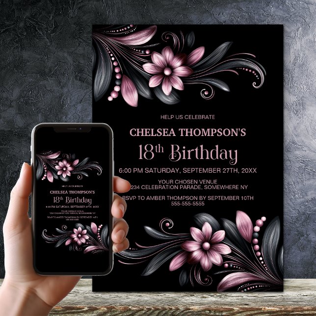 Black Pink Floral 18th Birthday Party Einladung (Von Creator hochgeladen)