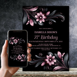 Black Pink Floral 21st Birthday Party Einladung