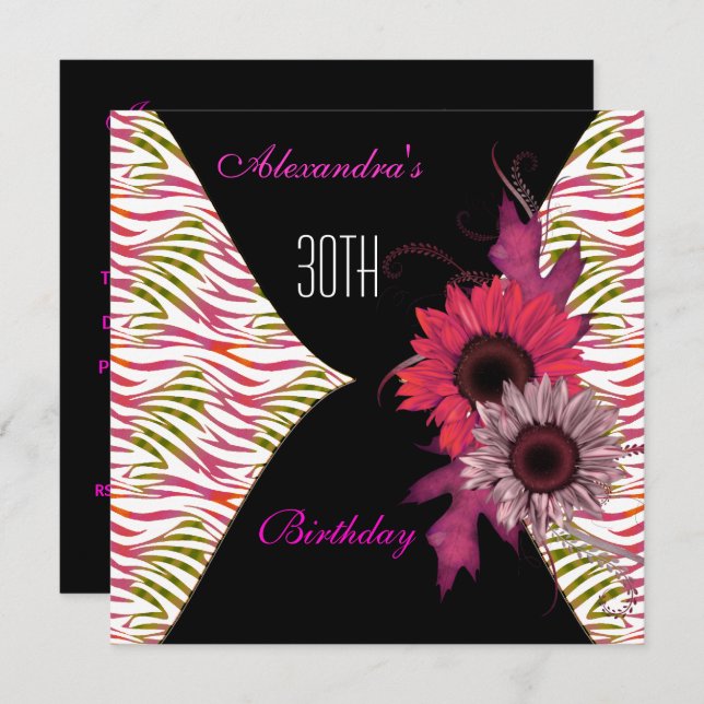Black Pink Floral 30. Geburtstag Party Einladung (Vorne/Hinten)