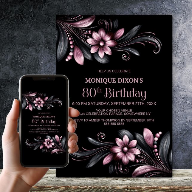 Black Pink Floral 80th Birthday Party Einladung (Von Creator hochgeladen)