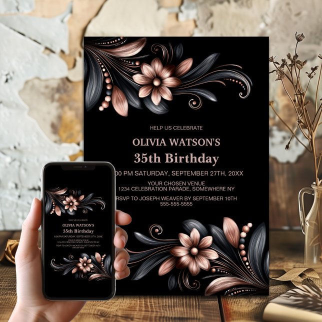 Black Pink Floral Birthday Party Einladung (Von Creator hochgeladen)