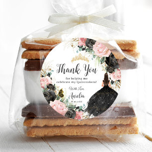 Black Pink Floral Princess Dress Gold Quinceañera Runder Aufkleber