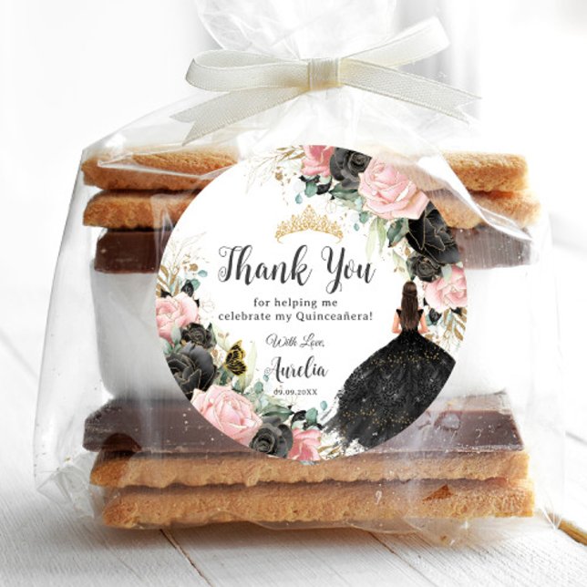 Black Pink Floral Princess Dress Gold Quinceañera Runder Aufkleber (Von Creator hochgeladen)