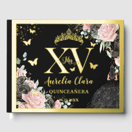 Black Pink Floral Quinceañera Quince 15 XV Gold Gästebuch