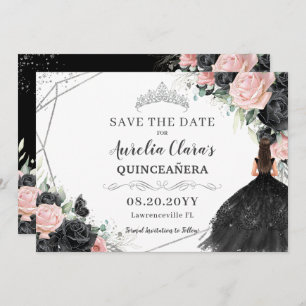 Black Pink Floral Silver Quinceanera XV Sweet 16 Save The Date