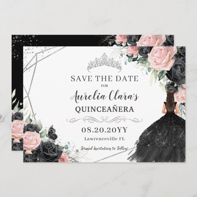 Black Pink Floral Silver Quinceanera XV Sweet 16 Save The Date (Vorne/Hinten)