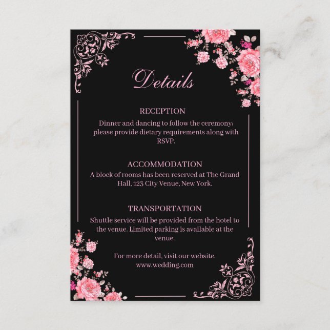 Black & Pink Floral Wedding Enclosure Card Begleitkarte (Vorderseite)