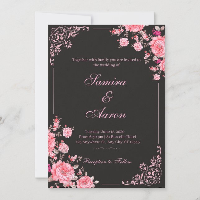 Black & Pink Floral Wedding Invitation Einladung (Vorderseite)