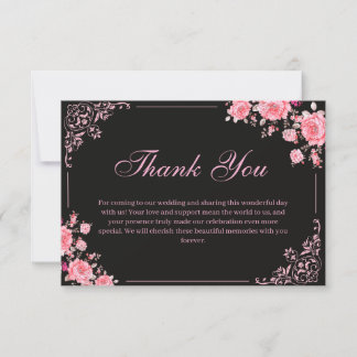 Black & Pink Floral Wedding Thank You Card Dankeskarte