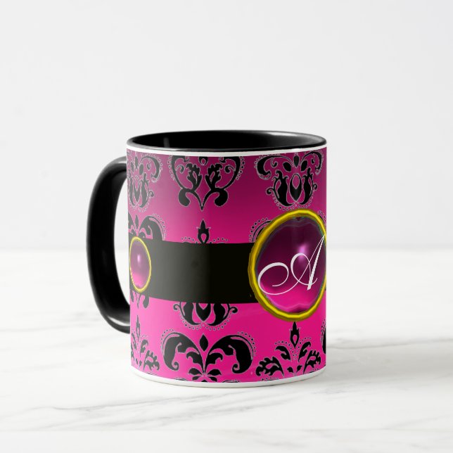 BLACK PINK FUCHSIA DAMASK GEMSTONE MONOGRAMM TASSE (Vorderseite Links)