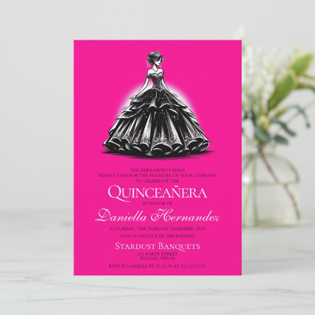 Black & Pink Glam Quinceañera Einladung (Stehend Vorderseite)