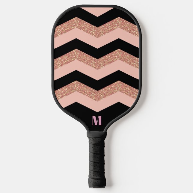 Black Pink Glitzer Zigzag Muster Modernes Monogram Pickleball Schläger (Vorderseite)