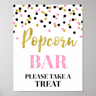 Black Pink Gold Confetti Popcorn Bar Sign Poster