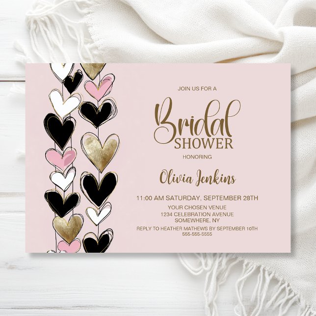Black Pink Gold Hearts Bridal Shower Einladung (Von Creator hochgeladen)