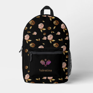 Black Pink Gold Rose Muster Modernes Pickleball Bedruckter Rucksack