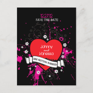 Black & Pink Grungy Heart Music Themed Wedding Ankündigungspostkarte