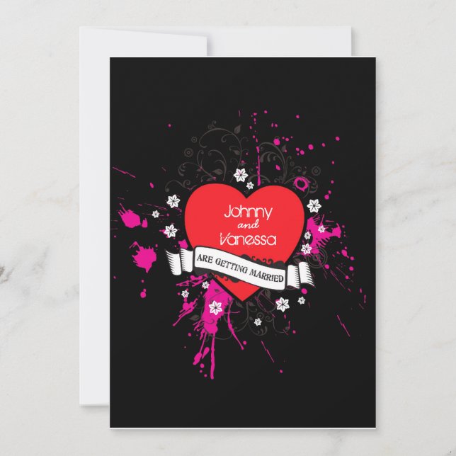 Black & Pink Grungy Heart Music Themed Wedding Einladung (Vorderseite)
