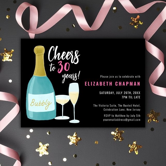 Black Pink heitert bis 30 Jahre blubbly 30. Geburt Einladung (30th birthday party invitation with champagne fizz bubbly celebration theme and Cheers to 30 Years)