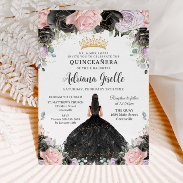 Black Pink Lila Floral Gold Quinceanera Sweet 16 Einladung (Von Creator hochgeladen)