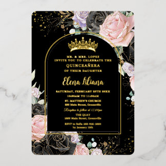 Black Pink Lila Floral Gold Quinceanera Sweet 16 Folieneinladung