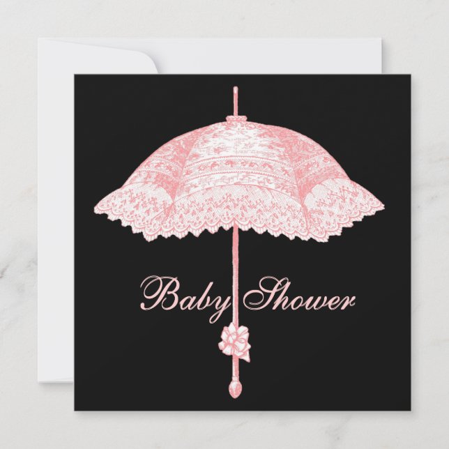Black Pink Parasol Umbrella Baby Girl Dusche Einladung (Vorderseite)