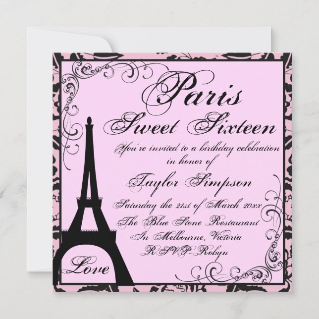 Black & Pink Paris Sweet16 Birthday Einladung (Vorderseite)