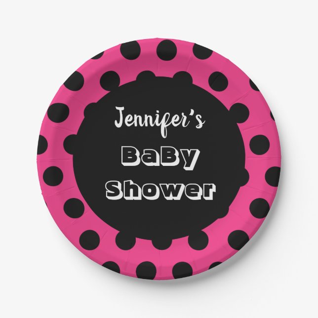 Black & Pink Polka Dot Custom Baby Dusche Pappteller (Vorderseite)