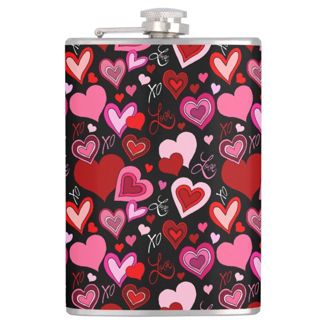 Black Pink Red Hearts Love Pattern Flachmann (Vorderseite)