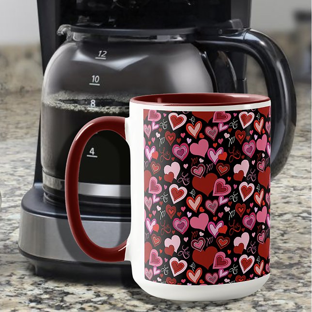 Black Pink Red Hearts Love Pattern Tasse (Von Creator hochgeladen)