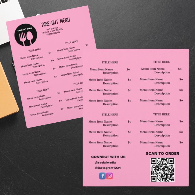 Black, Pink Restaurant Abholmenü mit QR-Code Flyer (Von Creator hochgeladen)