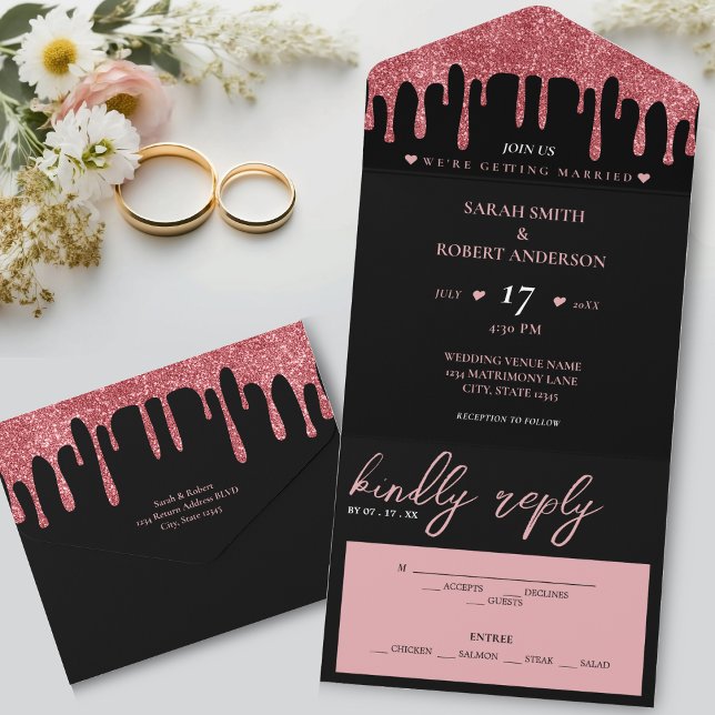 Black & Pink Rose Gold Glitzer Tropfen Hochzeit All In One Einladung (Black & Pink Rose Gold Glitter Drip Wedding All In One Invitation)