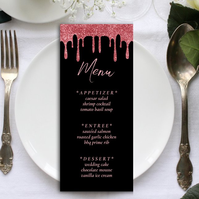 Black & Pink Rose Gold Glitzer Tropfen Hochzeit Menükarte (Black & Pink Rose Gold Glitter Drip Wedding Menu)