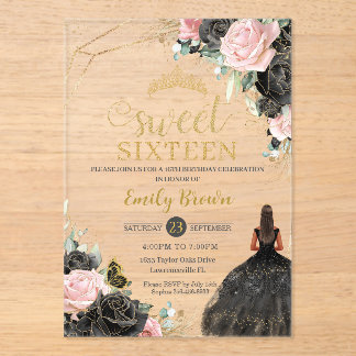 Black Pink Roses Floral Tan Princess 16 . Geburtst Acryleinladungen