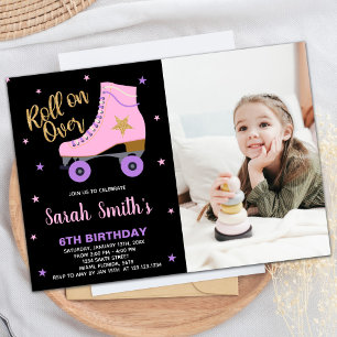 Black Pink Star Glitzer Foto Skaten Geburtstag Einladung
