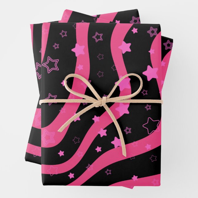 Black &Pink Stars On Lines Elegant Feminine Design Geschenkpapier Set (Beispiel)