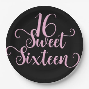 Black & Pink Sweet 16 Geburtstagsfeier Pappteller
