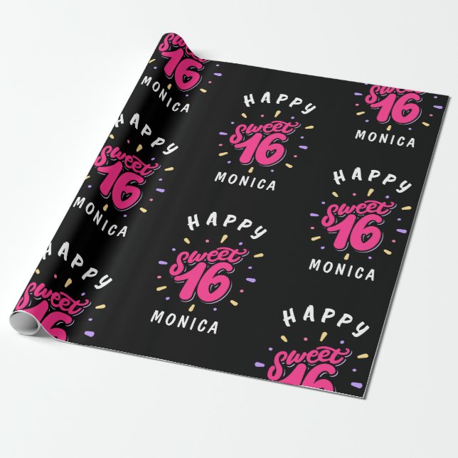 Black Pink Sweet 16 Personalisiert Geburtstag Geschenkpapier (Ungerollt)