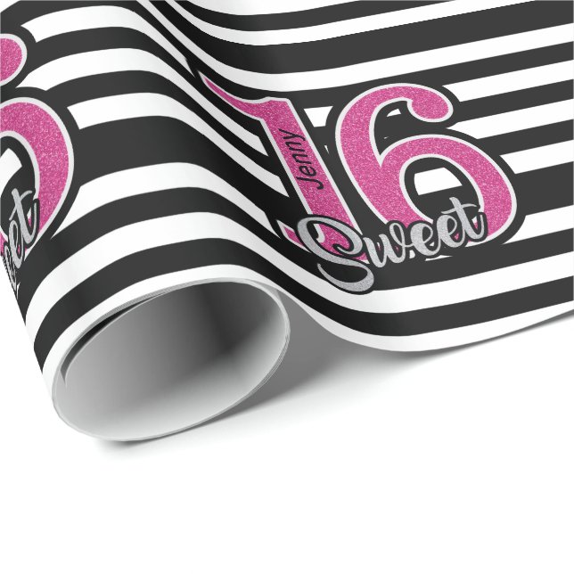 Black Pink Sweet 16 Personalisiert Geschenkpapier (Rolleneckpunkt)