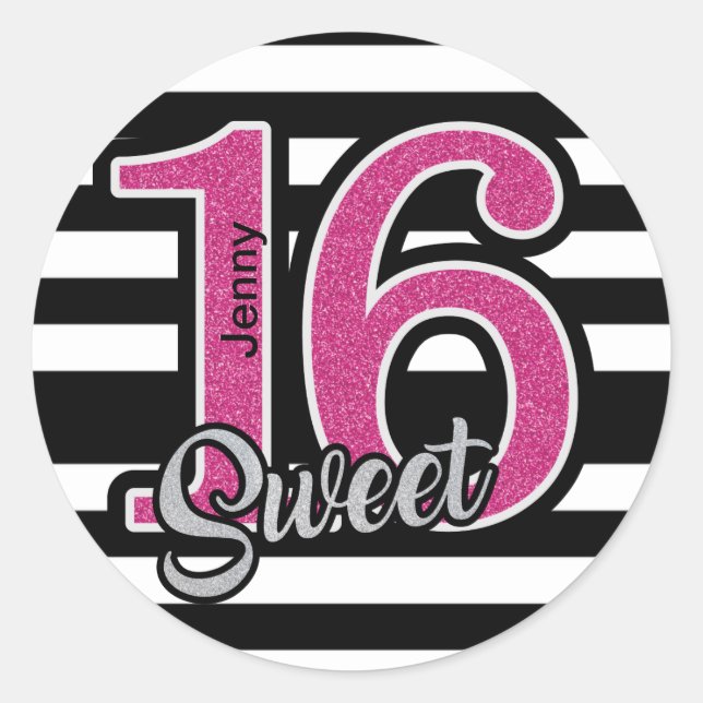 Black Pink Sweet 16 Personalisiert Runder Aufkleber (Vorderseite)