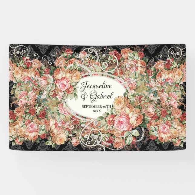 Black Pink Vintag Rose Bouquet Brautparty Banner (Horizontal)