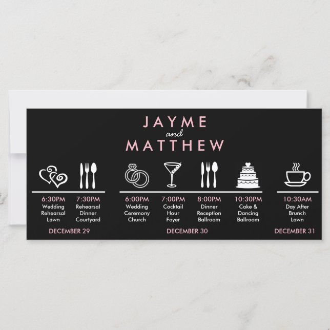 Black Pink Wedding Timeline Begrüßungstablett Hinw (Vorderseite)