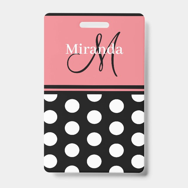 Black Pink White Polka Dots Monogram Script Ausweis (Vorderseite)