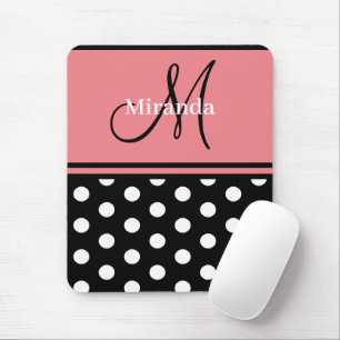 Black Pink White Polka Dots Monogram Script Mousepad