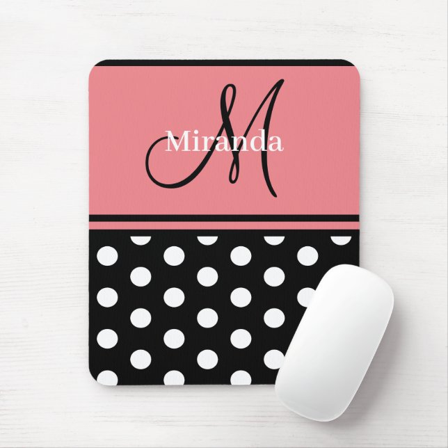 Black Pink White Polka Dots Monogram Script Mousepad (Mit Mouse)