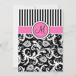 Black Pink White Striped Damask Wedite Einladung