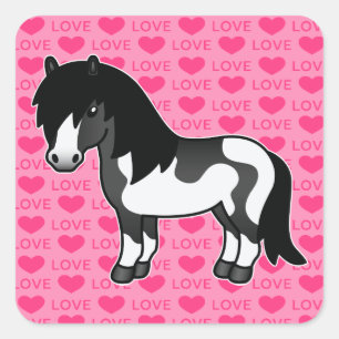 Black Pinto Cartoon Shetland Pony Liebe Herz Quadratischer Aufkleber