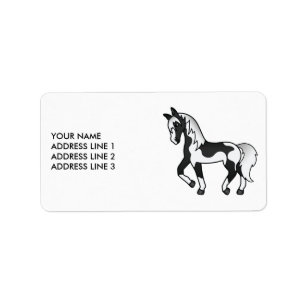 Black Pinto Cartoon Trotting Horting & Custom Text Adressaufkleber